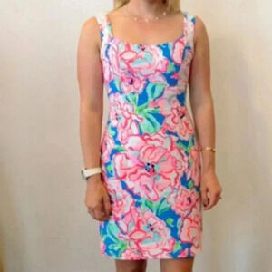 Lilly Pulitzer Flutter Blue Lucky Charm Nienie Dress 4 Pink Floral Woven Travel